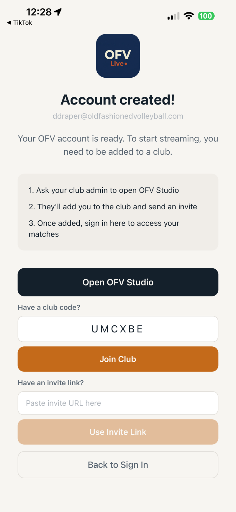 Club code input field with code entered