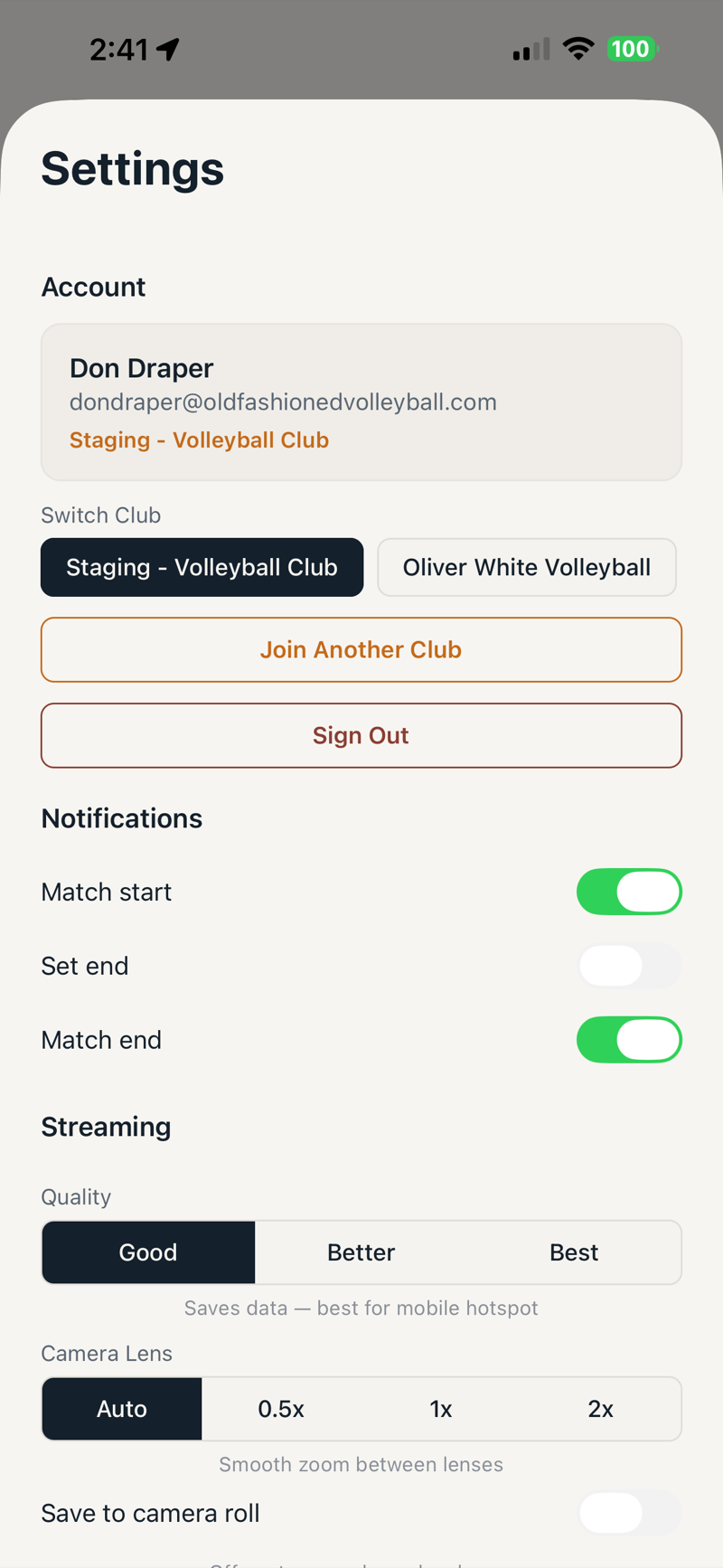 Club switcher showing two clubs