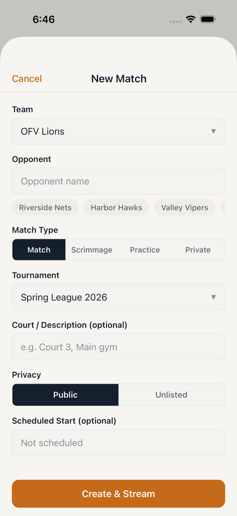 Create Match form with team, opponent, tournament fields