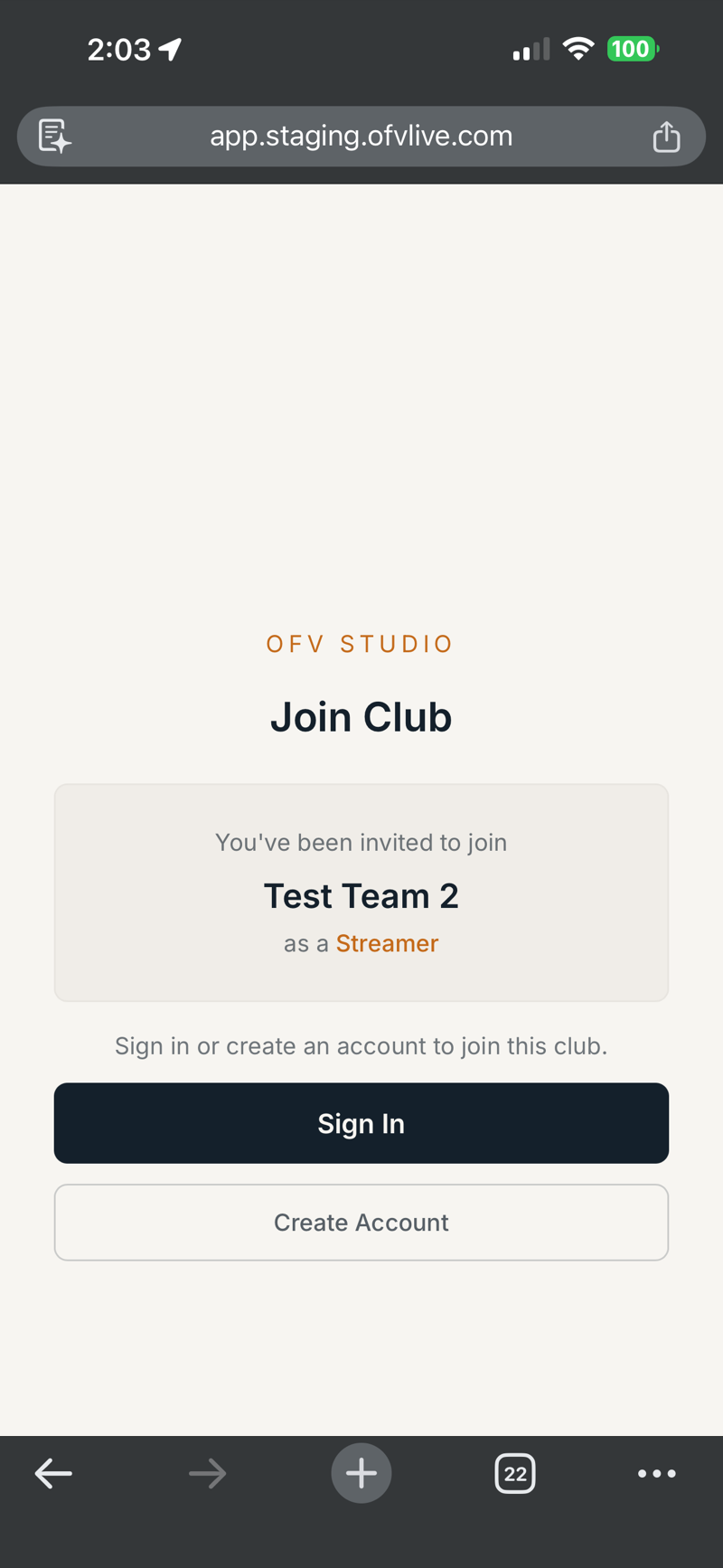Invite page showing Sign In and Create Account buttons