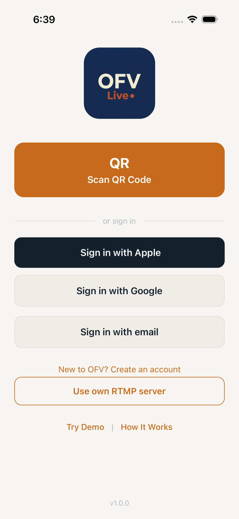 Login screen with QR, Apple, Google, and Email options