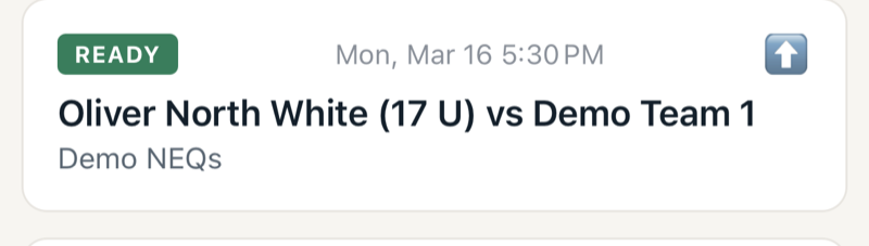 Close-up of a single match card with READY badge