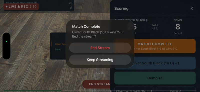 Match Complete dialog — End Stream or Keep Streaming