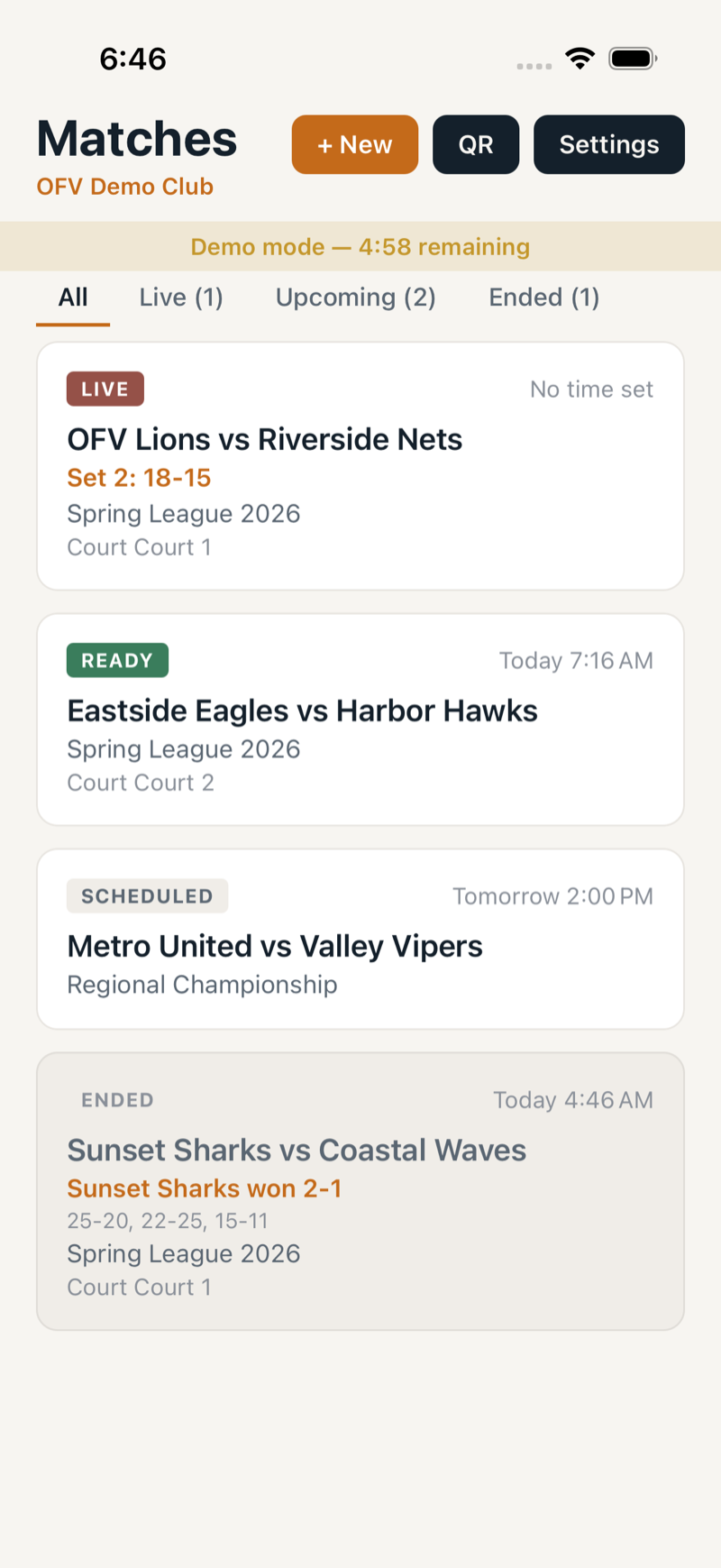 Match List with LIVE, READY, SCHEDULED, and ENDED badges