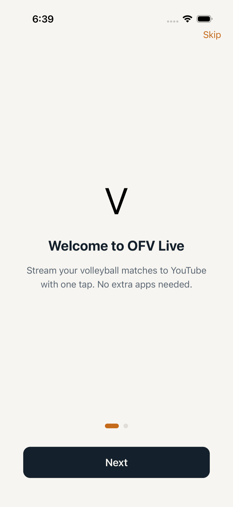 Welcome to OFV Live — first launch screen