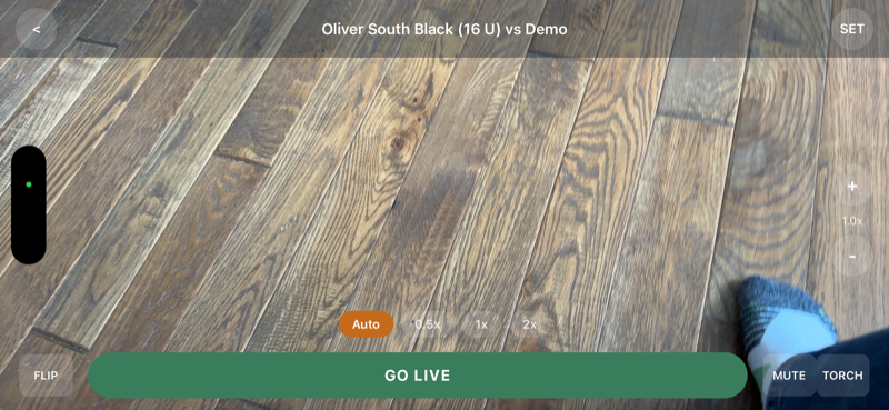 Camera preview in landscape with flip, torch, zoom, mute controls and Go Live button