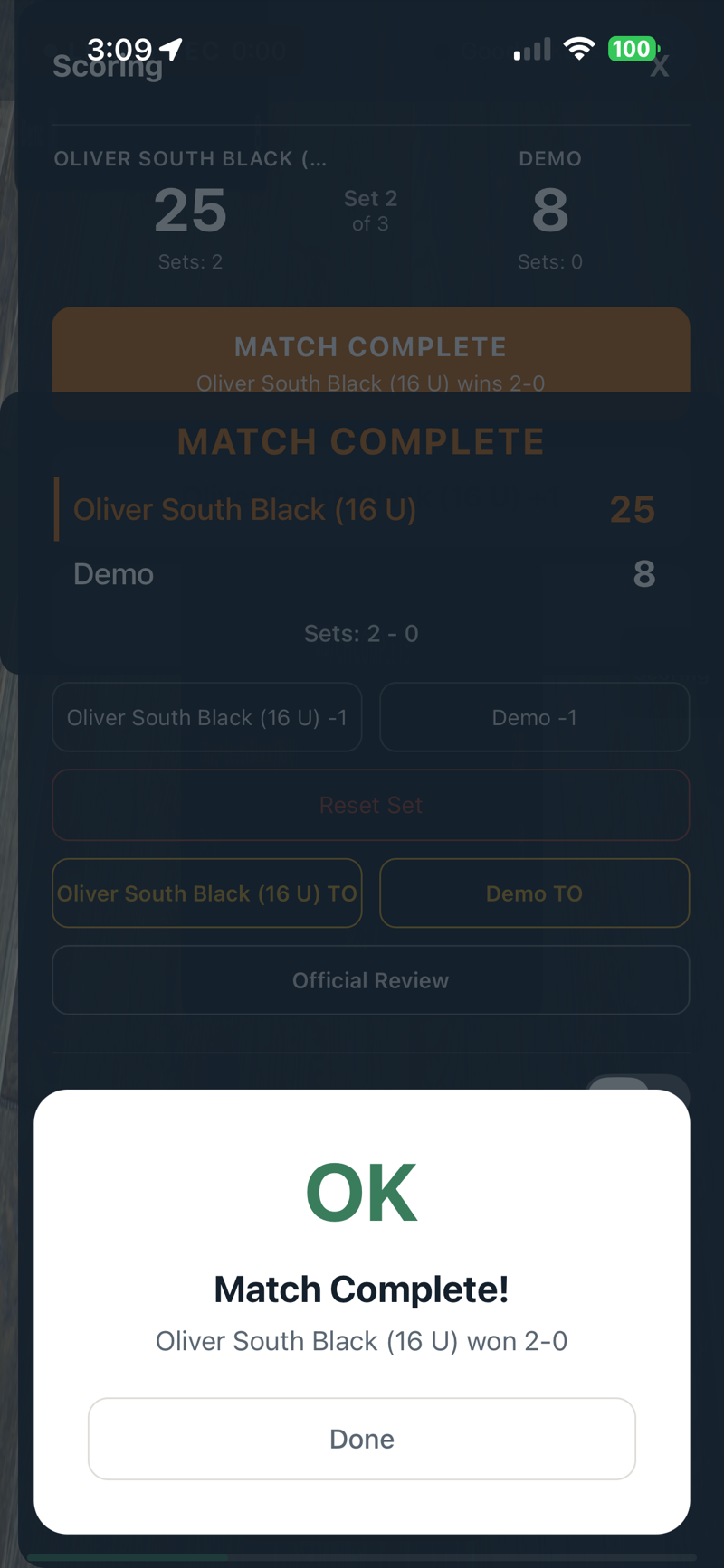 Scoring-only screen with team names, scores, and timeout buttons