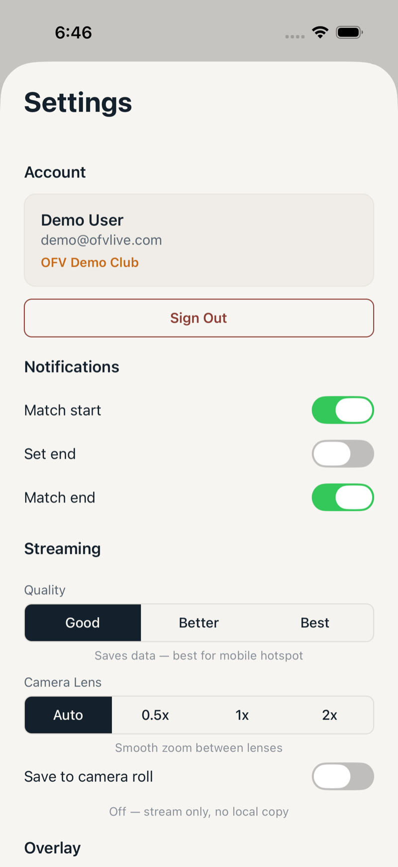 Settings screen showing Account, Notifications, Streaming, and Overlay sections