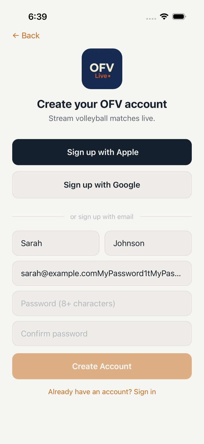 Email sign-up form with all fields filled in