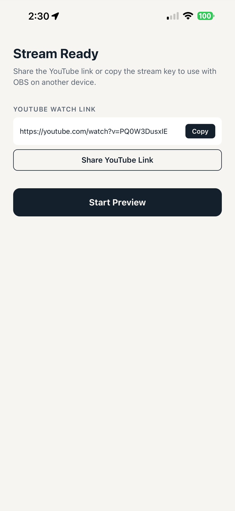 Stream Ready screen with YouTube link and Start Preview button