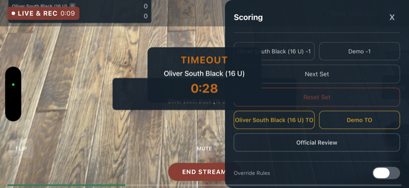 Timeout banner with team name and 0:28 countdown