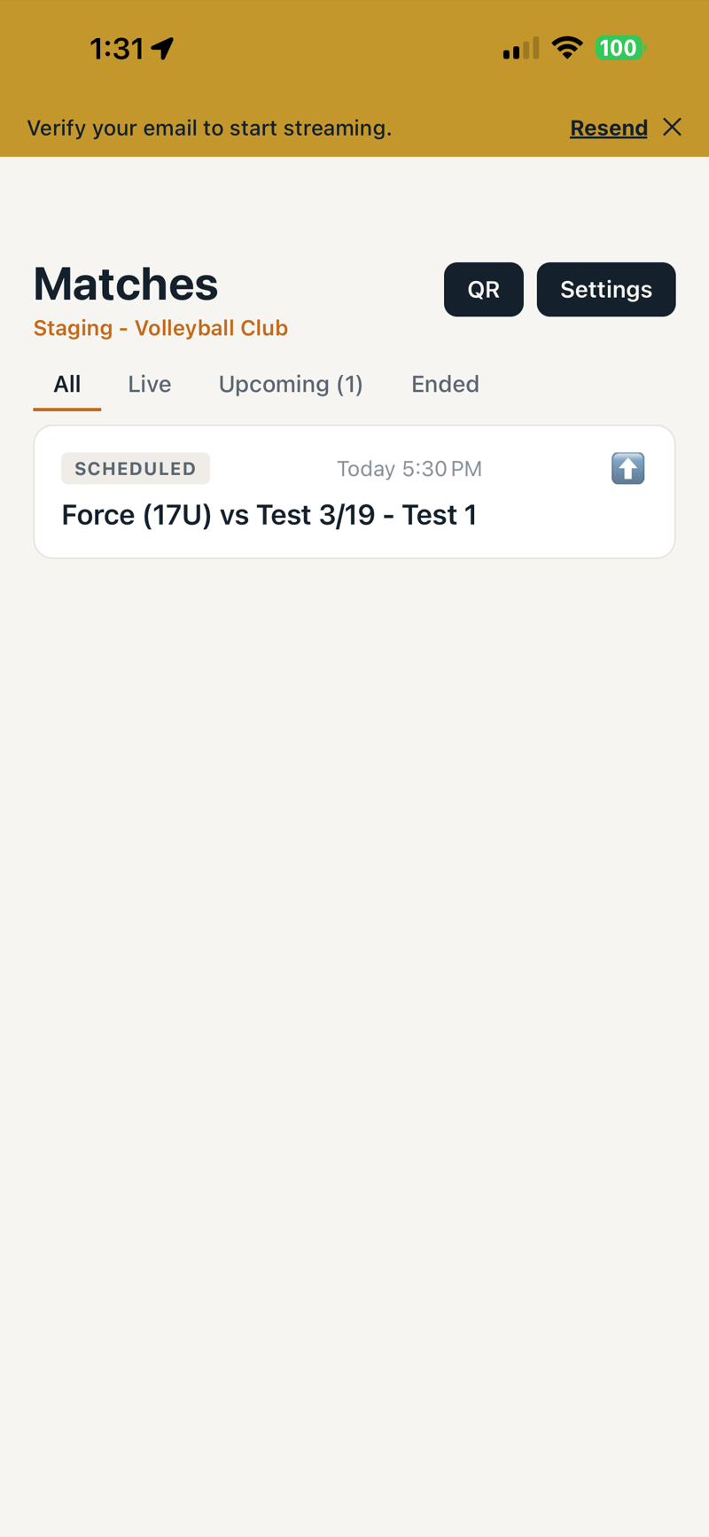 Yellow verification banner — Verify your email to start streaming